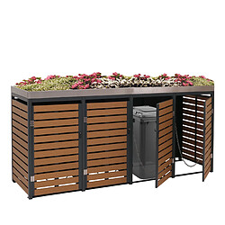 Decoshop26 Abris poubelles 4 compartiments avec bac à plantes 124 x 265 x 84 cm WPC acier inoxydable et acier galvanisé aspect teck 04_0007559