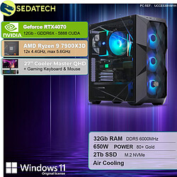 Sedatech Pack PC Gamer ATX Premium • AMD Ryzen 9 7900X3D • RTX4070 • 32Go DDR5 • 2To SSD M.2 • Windows 11 • Moniteur 27''