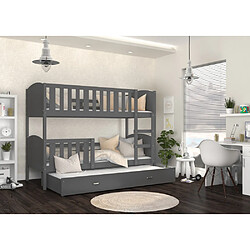 Kids Literie Lit Superposé 3 Places Tomy 90x190 Gris - gris Livré avec sommiers, tiroir et matelas en mousse de 7cm