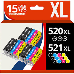 123CONSOMMABLES - PGI-520 CLI-521 - Cartouches d'encre compatibles pour Canon Pixma IP3600 IP4600 IP4600X IP4700 MP540 MP550 MP560 MP620 MP630 MP640 MP640R MP980 MP990 MX860 MX870 (Lot de 15)