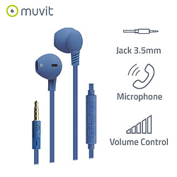 Muvit Écouteurs Jack California Câble Plat avec Micro et Boutons de Contrôle de Volume Bleu