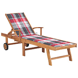 Helloshop26 Transat chaise longue bain de soleil lit de jardin terrasse meuble d'extérieur avec coussin à carreaux rouge bois de teck solide 02_0012544