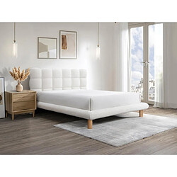 Vente-Unique Lit avec tête de lit matelassée 140 x 190 cm - Tissu bouclette - Blanc + Matelas - FUDALI