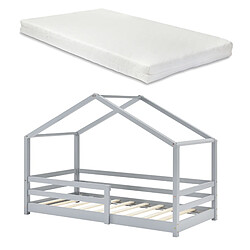 Lit Cabane Knätten avec Grille de Protection et Matelas Mousse à Froid 200 x 90 cm Gris Clair [en.casa]