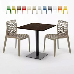 Grand Soleil Table carrée 70x70 plateau effet bois avec 2 chaises colorées Gruvyer Melon - Beige Juta