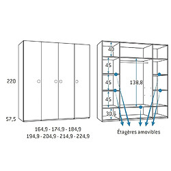 Inside 75 Armoire 4 portes 194,9 x 57,5 x 220 cm finition chêne blanchis