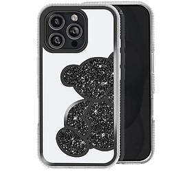 Avizar Coque Paillette pour iPhone 16 Pro Motif Ourson avec Strass Noir