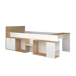 Avis Vente-Unique Lit combiné 90 x 200 cm avec bureau et rangements - Blanc et naturel - PALOMA