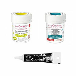 Scrapcooking 2 colorants alimentaires bleu foncé-vert citron + Stylo glaçage noir