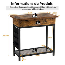 Helloshop26 Table d'appoint avec prise d’alimentation dessus rabattable pochette en tissu 60 x 30 x 58,5 cm marron rustique et noir 20_0004076