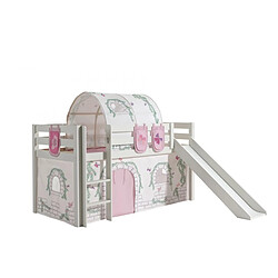 Vipack PINO Lit mezzanine avec toboggan Blanc + Rideau et tunnel de lit + 3 pochettes Birdy