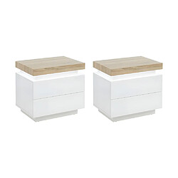 Vente-Unique Lot de 2 tables de chevet - 2 tiroirs - MDF Laqué - Avec LEDs - Coloris : Blanc et chêne - HALO II pas cher