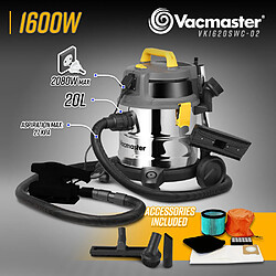 VACMASTER PROFESSIONAL Aspirateur eau et poussières 1600W - 20L inox - 27 Kpa avec prise intégrée