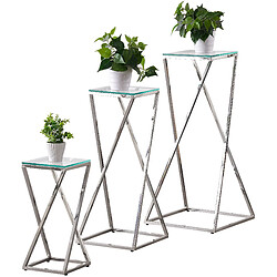 Vivenla Ensemble de 3 tables d'appoints design en acier inoxydable argenté avec plateau en verre trempé transparent Collection Pisa L. 45-35-24 x P. 45-35-24 x H. 94-79-51 cm PISA