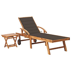 vidaXL Chaise longue avec table et coussin Bois de teck solide