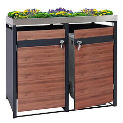 Decoshop26 Abris poubelles deux compartiments vérouillable avec bac à plantes en métal anthracite aspect bois de cerisier marron foncé 04_0006993