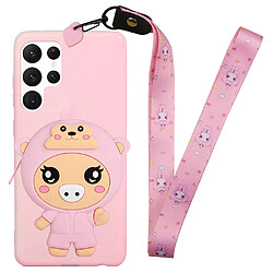 Coque en silicone motif animal de dessin animé avec lanière Rose clair/porc pour votre Samsung Galaxy S22 Ultra 5G