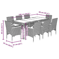 vidaXL Ensemble à manger de jardin et coussins 9 pcs noir rotin verre pas cher