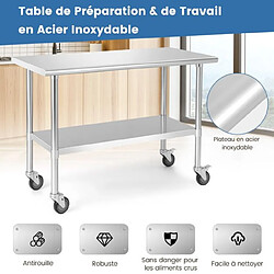 Helloshop26 Table plan de travail cuisine à roulettes en acier inoxydable à 2 niveaux avec étagère inférieure réglable charge max 250 kg 20_0007439