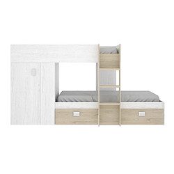 Pegane Lit enfant superposé avec armoire et 2 tiroirs coloris chêne naturel, imitation lamelles, blanc - Longueur 271 x Profondeur 111 x Hauteur 150 cm 