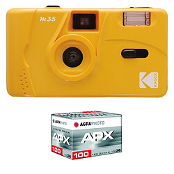 KODAK Pack M35 Argentique + Pellicule APX 100, 36 poses - Appareil Photo Kodak Rechargeable 35mm Jaune, Objectif Grand Angle Fixe - Yellow