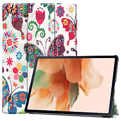 Etui en PU Impression de motifs avec support tri-pliure fleur et papillon pour votre Samsung Galaxy Tab S7 FE SM-T730/SM-T736