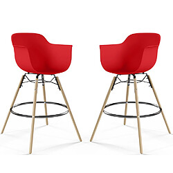 ICONIK INTERIOR Tabouret de Bar - Design Scandinave - Pieds en Bois - Lot de 2 - Nordika Rouge