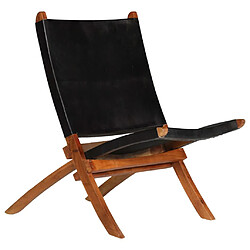 vidaXL Chaise Relaxation Cuir Noir Chaise pliable - Cuir véritable - Cadre bois d'acacia - Design rustique