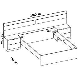 Pegane Tête de lit avec 2 tables de chevet , Structure de lit 140x190 cm et commode avec 5 tiroirs coloris chêne naturel, blanc