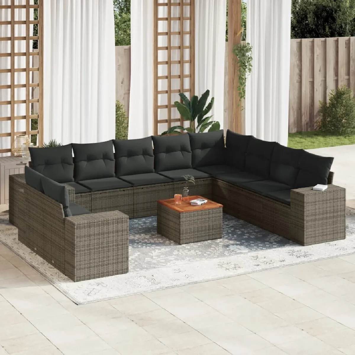 Maison Chic Salon de jardin 11 pcs avec coussins | Ensemble de Table et chaises | Mobilier d'Extérieur gris résine tressée -GKD22467