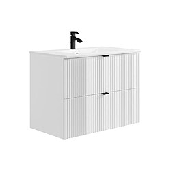 Avis Vente-Unique Meuble de salle de bain suspendu strié avec vasque à encastrer - Blanc mat - 80 cm - ZEVINI