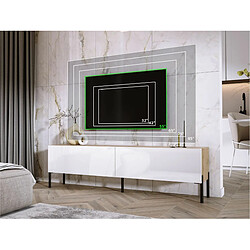 3XELIVING Meuble TV en couleur Chêne wotan / Blanc Brillant avec pieds droits en noir, D: l : 170 cm, H : 52 cm, P : 32 cm pas cher