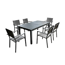 Mes Ensemble table 180/240 cm + 6 fauteuils en aluminium gris