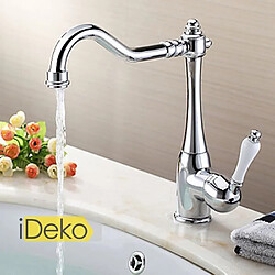 iDeko® Robinet Mitigeur d’évier cuisine finition chromée robinet de cuisine en laiton (poignée blanche)