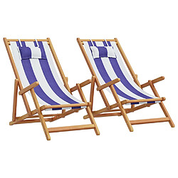 vidaXL Chaises de plage pliantes lot de 2 bleu blanc tissu bois massif