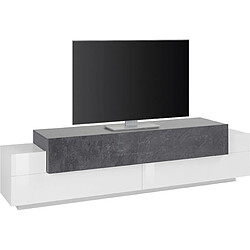 Alter Meuble TV de salon, Made in Italy, Meuble TV avec 3 portes et étagères, cm 200x45h52, couleur Blanc Brillant et Gris Frêne