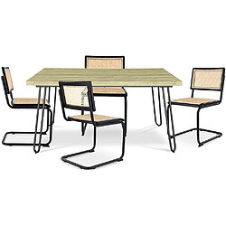 ICONIK INTERIOR Pack Table à manger design industriel 120cm & 4 Chaises à manger en rotin - Bastral Noir