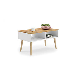 Alter Table basse de salon, Table porte-revues avec 2 étagères et pieds, style Scandi, 55x90h55 cm, coloris Blanc et Érable