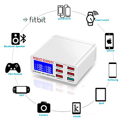 Universal Chargeur USB blanc avec écran LCD 6 ports Chargeur de téléphone de bureau Smartphone à charge rapide Tablette