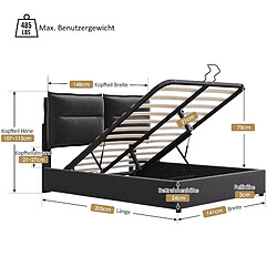 KOMHTOM Lit Hydraulique Double - 140 X 200 cm - Structure Métallique - Velours - Espace De Rangement - Noir - Matelas Inclus pas cher