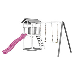 AXI Beach Tower Aire de Jeux avec Toboggan en Violet, 2 Balançoires & Bac à Sable | Grande Maison Enfant extérieur en Gris & BLANC | Cabane de Jeu en Bois FSC