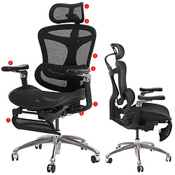 Decoshop26 Fauteuil de bureau pivotant support lombaire ergonomique avec repose-pieds rabattable et accoudoirs réglables maille noir 04_0006233