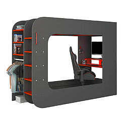 Vente-Unique Lit mezzanine gamer 90 x 200 cm - Avec bureau et rangements - Avec LEDs - Anthracite et rouge - WARRIOR pas cher