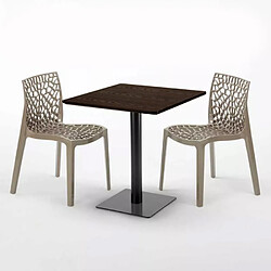 Avis Grand Soleil Table carrée 70x70 plateau effet bois avec 2 chaises colorées Gruvyer Melon - Beige Juta