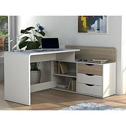 Vente-Unique Bureau d'angle DECLAN II - MDF - 3 tiroirs & 2 niches - Coloris : Blanc & Chêne