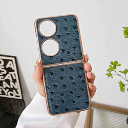 Coque en TPU + cuir véritable électroplaqué, texture autruche, anti-rayures pour votre Huawei P50 Pocket - bleu