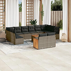 vidaXL Salon de jardin avec coussins 13 pcs gris résine tressée