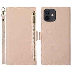 Etui en PU texture litchi avec support, pochette à fermeture éclair et sangle pour votre iPhone 11 6.1 pouces - abricot