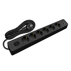 Null Multiprise SELDUR G6TH12S, 6 prises type F + interrupteur, USB A+C charge rapide 20W, Noir, câble 1.5m