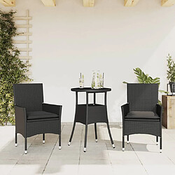 vidaXL Ensemble à manger de jardin et coussins 3 pcs noir rotin verre